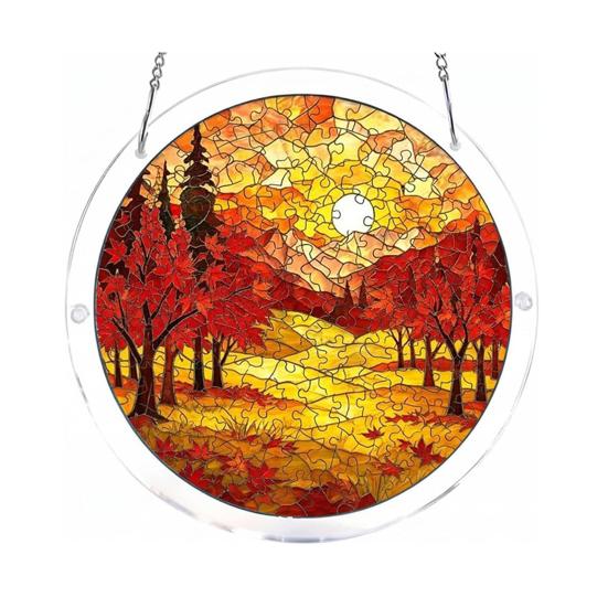 Stained Glass Suncatcher, Acrylic Puzzle Hanging Decoration, 7.48 Inch Round DIY Kit for Adults, Relaxing Craft Gift for Women Moms Puzzle Lovers