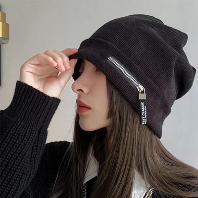 New Personality Zipper Beanie Hat Autumn and Winter Outdoor Warm Green Knitted Women's Hats Loose American Pile Cap for Men