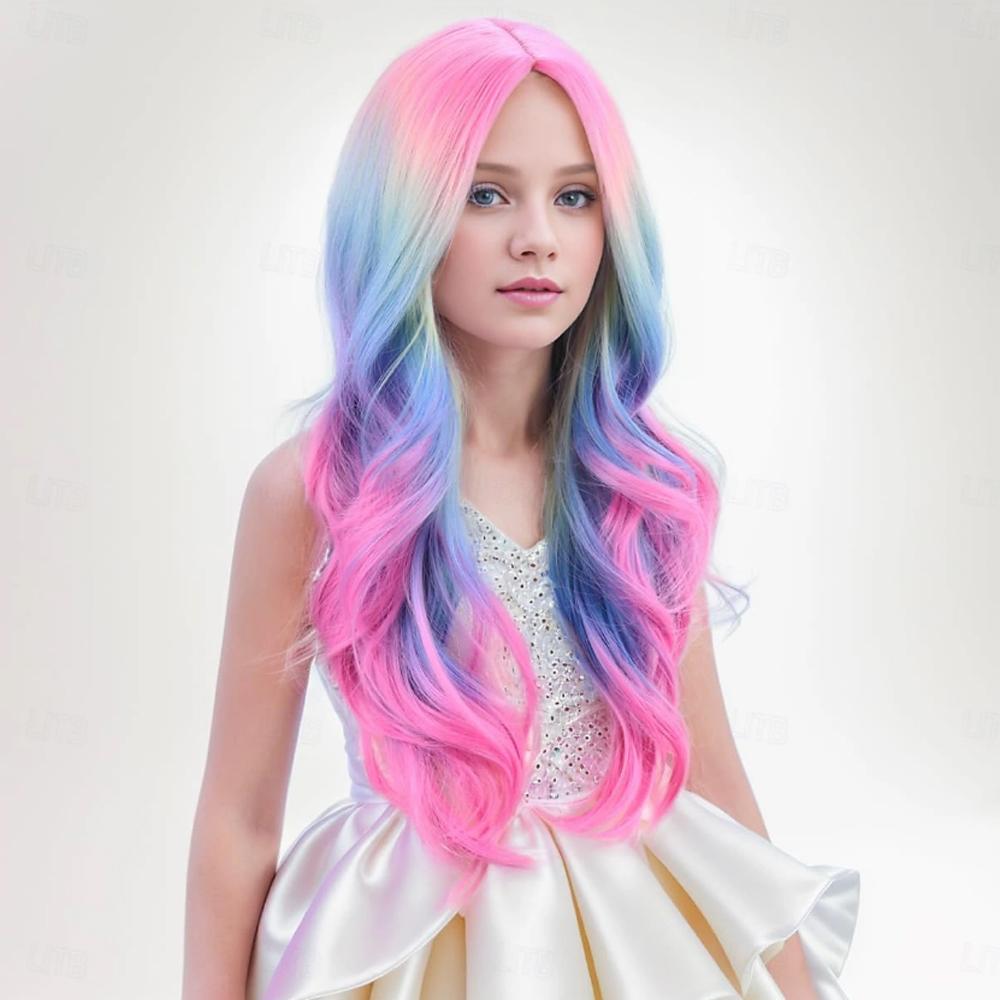 HAIRJOY Syntetické vlasy Barevné paruky Dlouhá kudrnatá vlnitá paruka pro dívky děti Duha Paruka Barevná Cosplay Párty Karneval Halloween