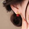 18k real gold electroplated new Chinese zircon copper coin red bead earrings retro simple earrings
