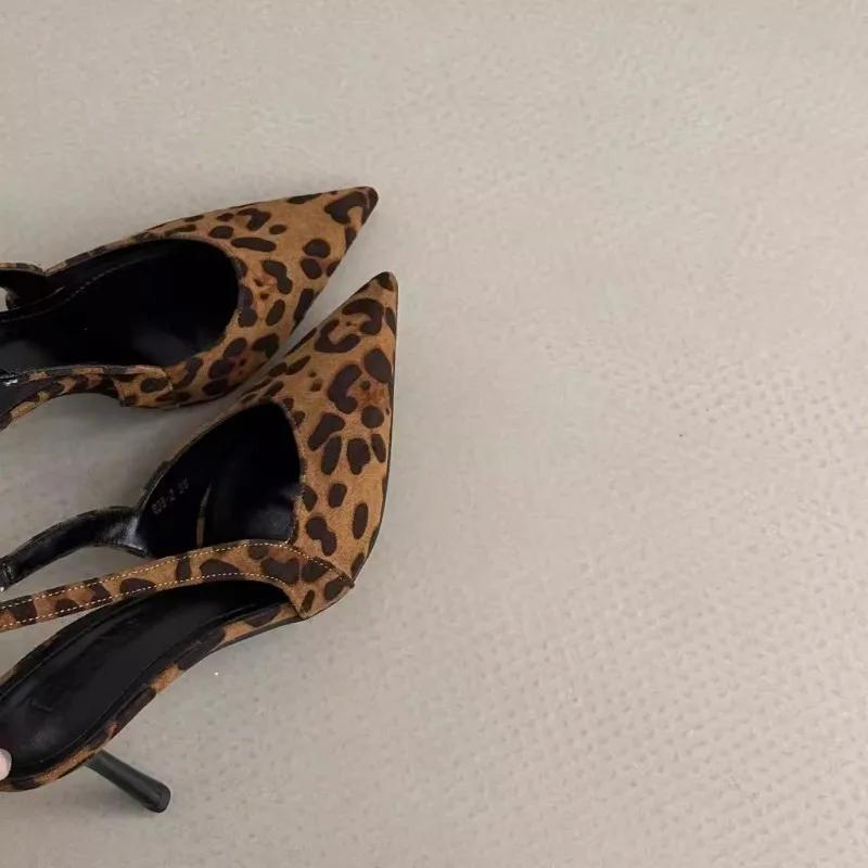 Women Pumps New Fashion Belt Buckle Strap Pointed Toe One Kick Bare Heels Baot Shoes Leopard Print Sexy Dress Sandalias De Mujer