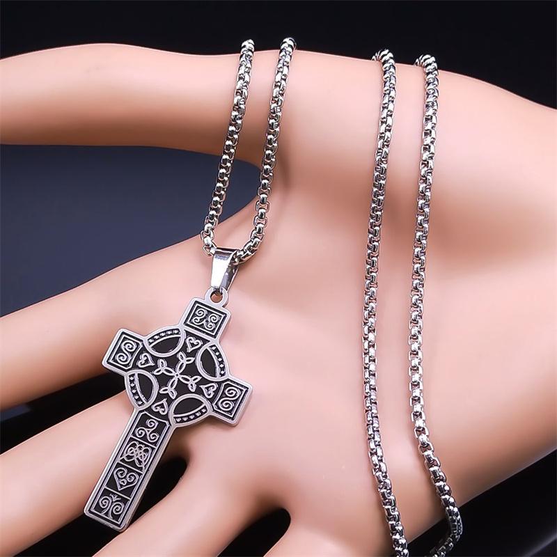 Irish Celtic Knot Cross Pendant Necklace Stainless Steel Trinity Symbol Lucky Amulet Necklace Women Men Jewelry colar masculino
