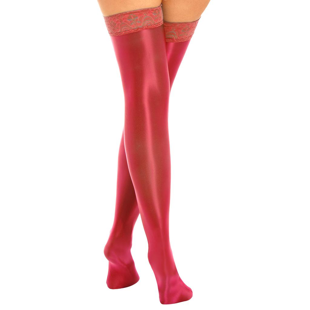 Damen Glänzende Spitze Besatz Oberschenkelhohe Socken Anti-Rutsch Silikon Strümpfe