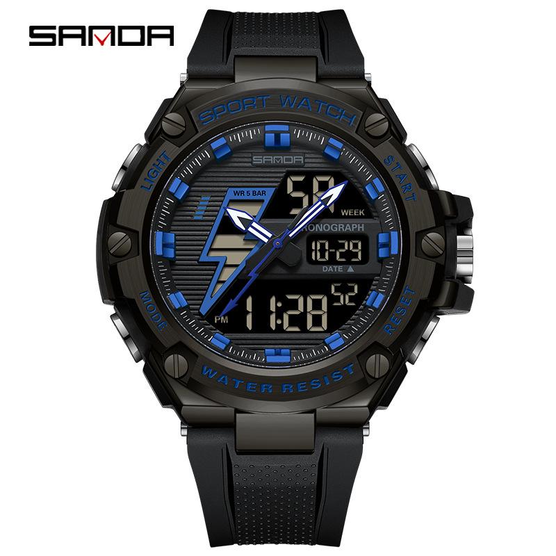 Sanda Men's Multifunctional Shockproof Waterproof Sport Watch with Alarm Clock and Black Technology.