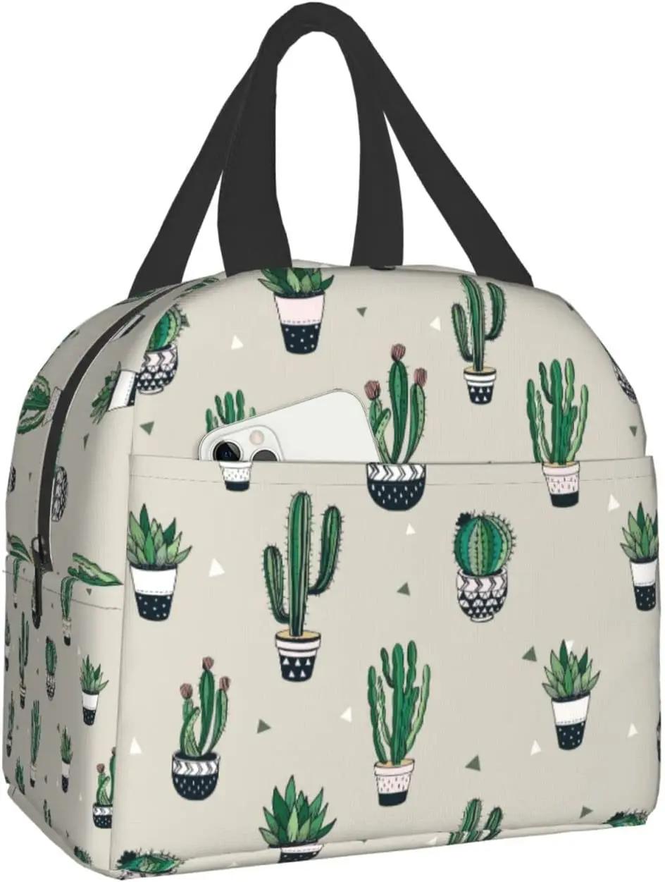 

Lunch Bag Green Cute Cactus Reusable Water-Resistant Cooler Lunch Tote Box, Boys Girls Cute Container Lunch Bag School Office 22x20x13CM бежевый