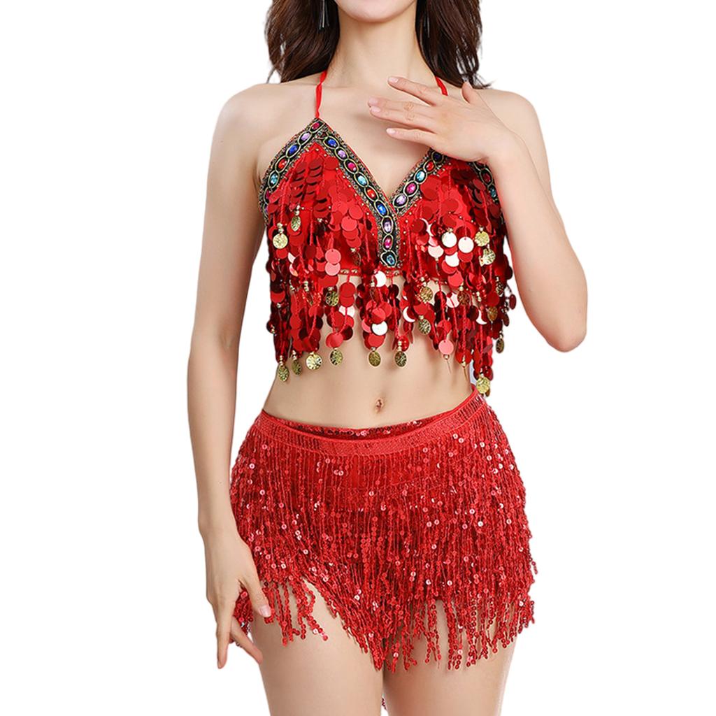 Women Two Piece Belly Dance Costume Sequins Halterneck Top Sequins Fringe Hip Scarf Wrap Skirt Belly Dancing Outfit