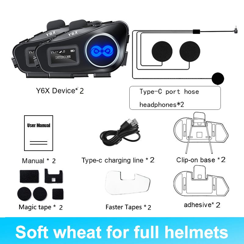 Y6X Motorcycle Bluetooth Helmet Intercom Headset Wireless V5.1 Music Share Noise Reduction FM Radio IP56 Waterproof LED Lighting
