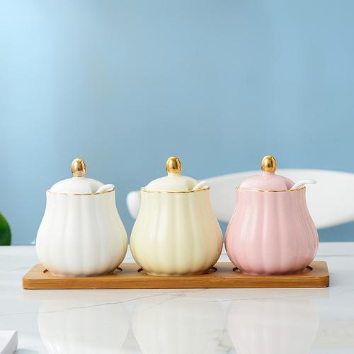 Creative Kitchen Ceramic Seasoning Jar Three-piece Seasoning Jar Seasoning Box Combination Salt Jar Chili Oil Cans Household