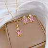 Titanium Steel Light Luxury Pink Rhinestone Turtle Necklace & Earring Set