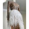 Fall Winter Women's Sexy Gold Sparkle Crew Neck Slit Mini Dress for Party Banquet Crossbody Dress
