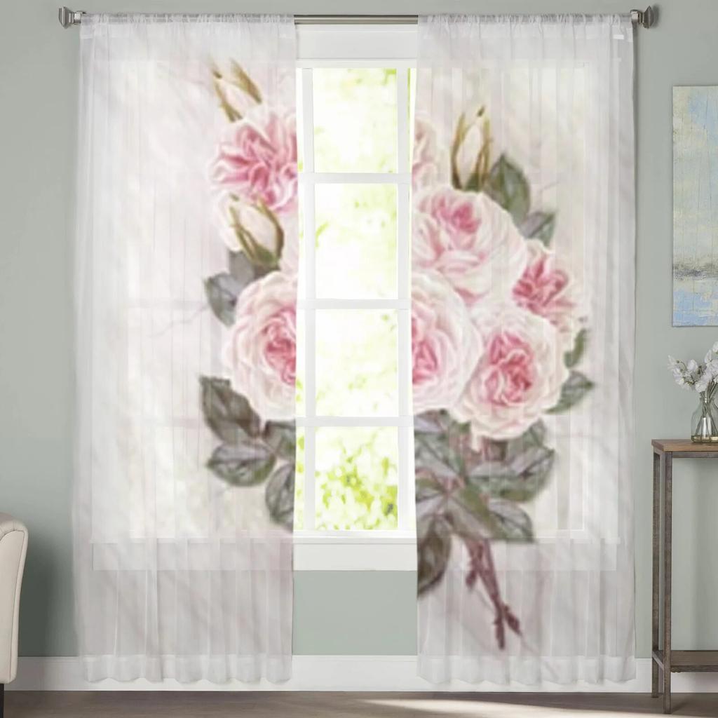 Vintage Bouquet Of Roses Sheer Curtains For Living Room Window Transparent Voile Tulle Curtain Bedroom Drapes Home Decor