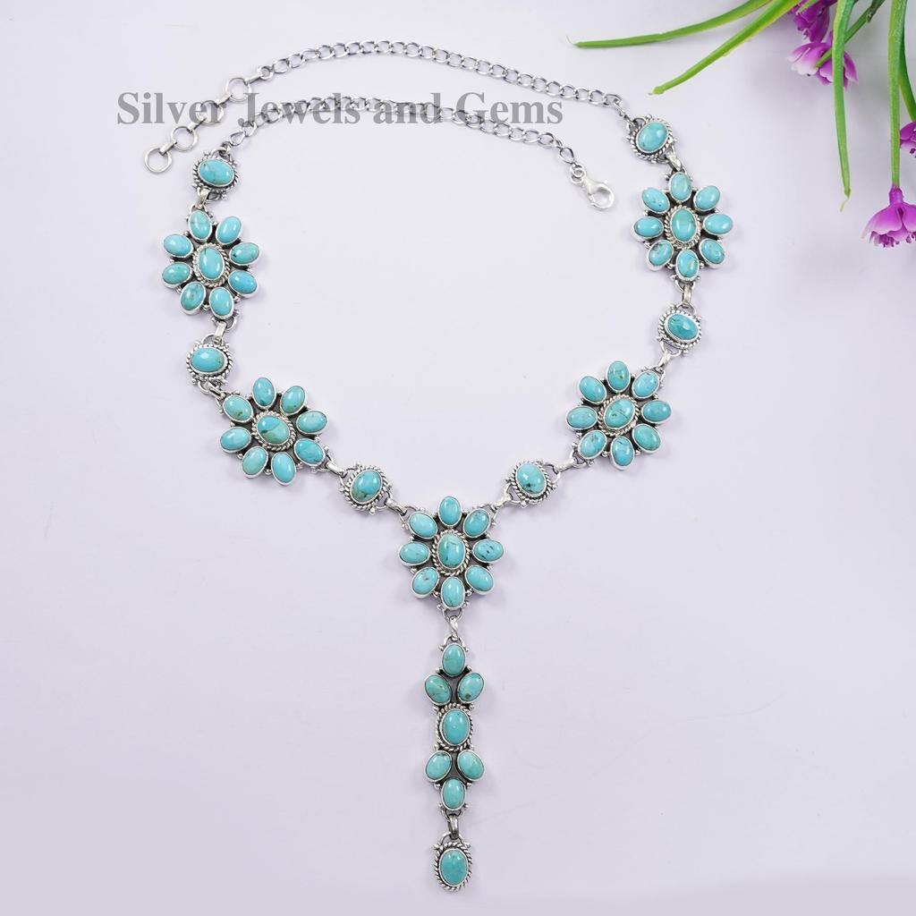 Natural Arizona Turquoise Long Necklace, Engagement Necklace, 925 Sterling Silver Necklace, Multi Stone Necklace, Handmade Gemstone Necklace