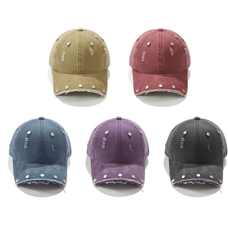 Niche old washed hole baseball cap women spring and summer retro rivets broken brim sun protection peaked cap children tide