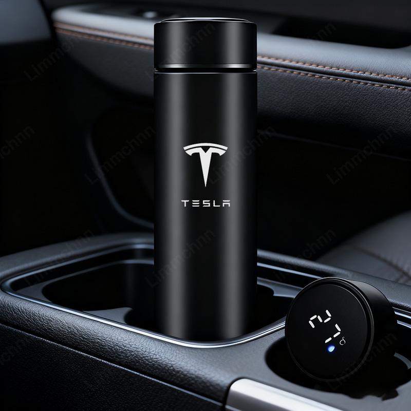 Für Tesla Model 3 Model S X Model Y Roadster SpaceX Edelstahl Thermosbecher Intelligentes Display Vakuum Auto Wasserbecher Autoaufkleber