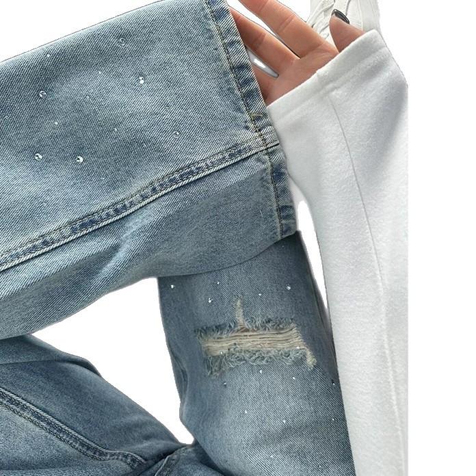 American Retro Blue Hot Diamond Ripped Jeans Trendy Brand Ruffian Handsome Fried Street Pants Men's Cleanfit Straight Pants