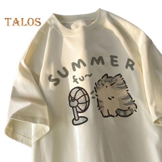 Tricou de primăvară vară pentru femei, cu decolteu O, cu mânecă scurtă, cu model de pisici de desene animate