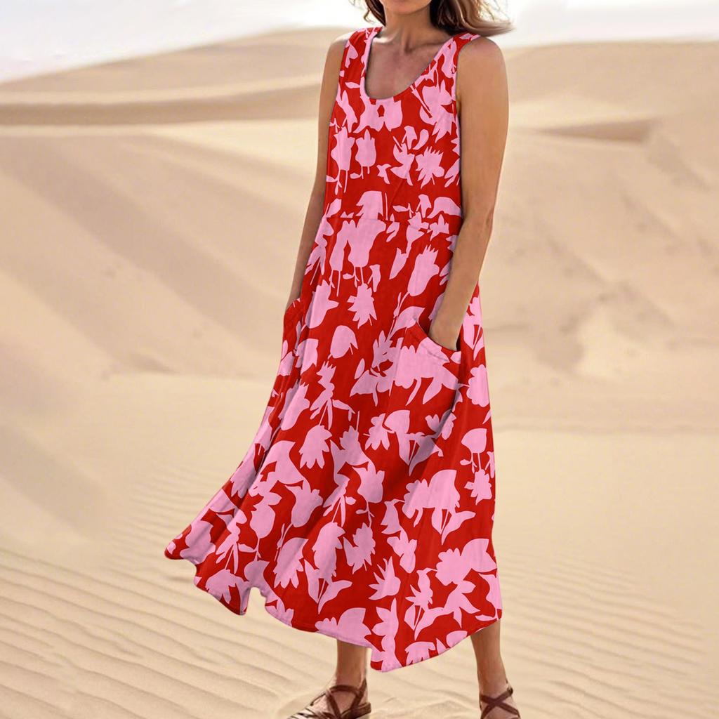 Women's Summer Casual Fashion Flower Printed Sleeveless  Pocket Dress
