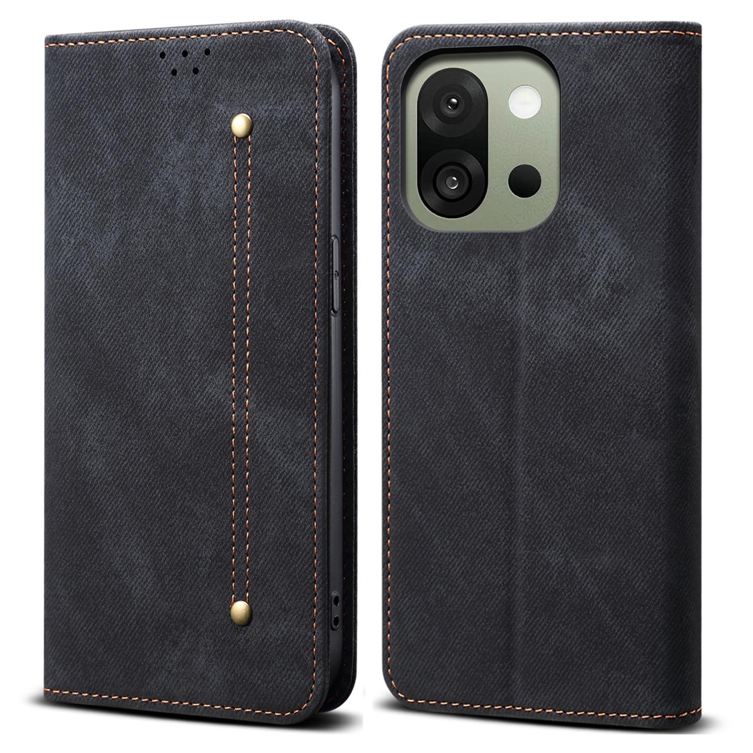 

Чехол для OnePlus 13s 5G Текстура джинсовой ткани Защита от царапин Кожаная подставка Чехол для телефона Black