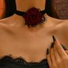 Vintage style dark red rose long fringed necklace goth black lace collarbone chain collar