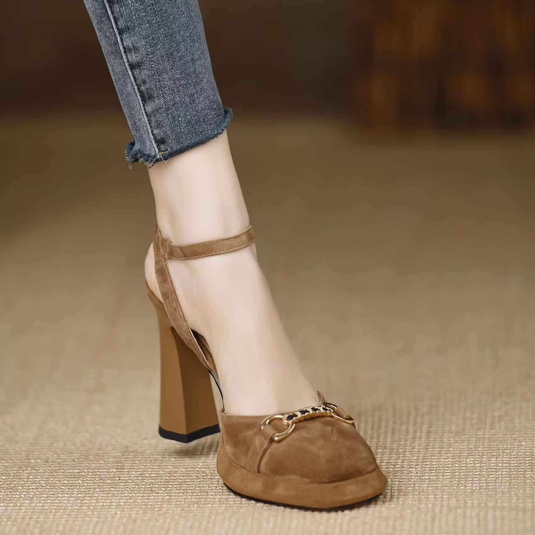 

Сандалии женские летние водонепроницаемые сандалии для мужчин из матовой мягкой кожи с круглым носком на толстом каблуке для увеличения роста 40 имбирный