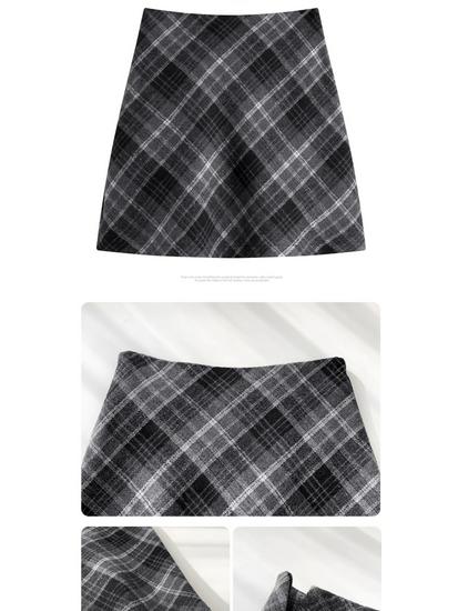 Women's Plus Size Plaid Wool A-line Skirt – Spring & Autumn, Anti-Exposure, Slimming, Thickened, Hip-Hugging, Short Skirt for Chubby Girls.