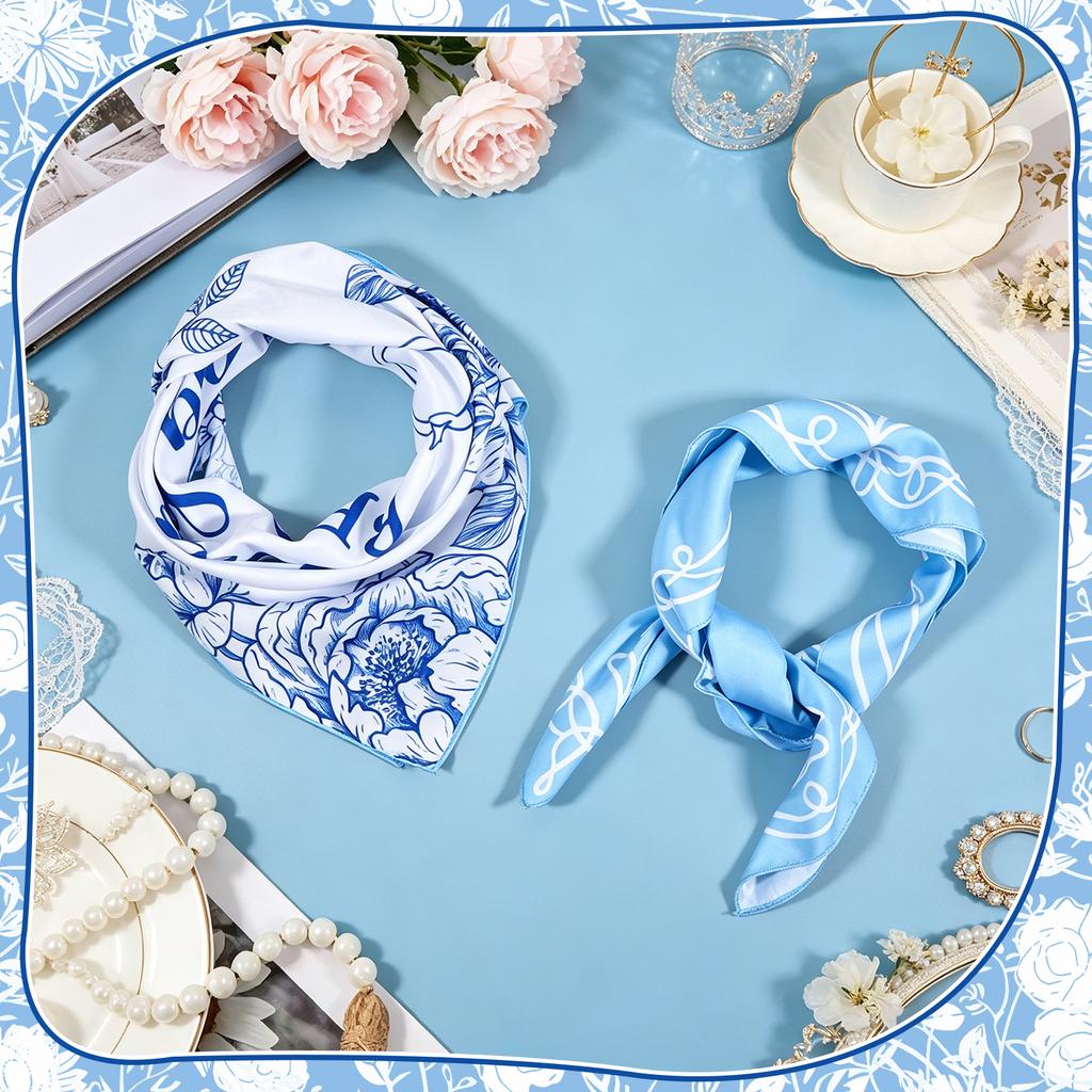 8 Pack Head Scarf Bachelorette Bandana 27X27" Blue White Satin Silk Square Headwear Bridal Headband Handkerchief Bach Part