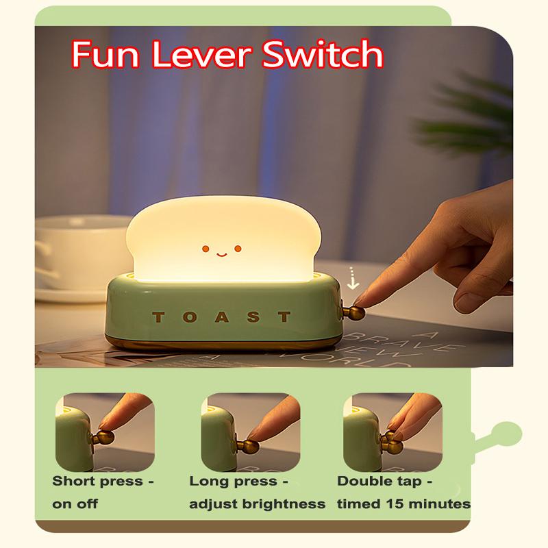 Cute Smile Face Toaster Night Light Rechargeable Dimmable Toast Shape Bedside Lamp Creative Desktop Decor Bedroom Room Gift