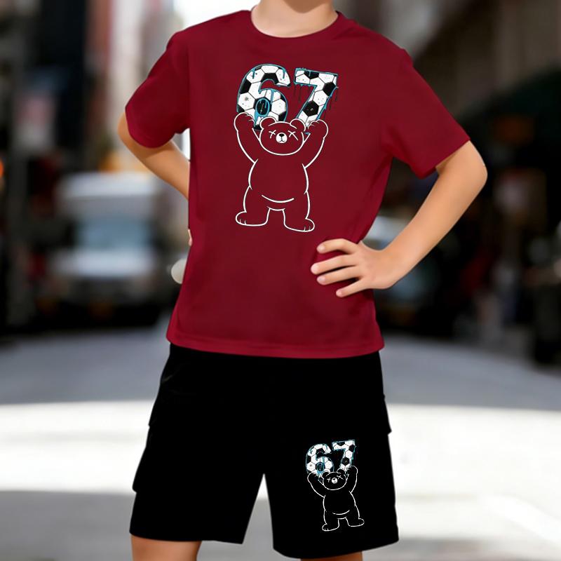 Boys 2 Piece Football themed print Outfit, Short Sleeve T-Shirt and Shorts Set for Kids Age 5-14,Black and White Sporty Casual Summer Clothes