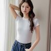 Pure cotton shoulder short sleeved T-shirt for women, slim fit and tight fitting, pure cotton white semi high neck top, solid color JS