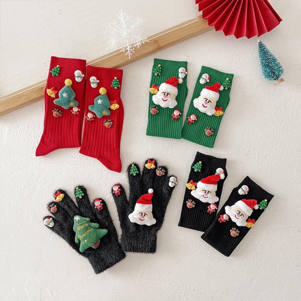 Knitted Xmas Winter Gloves Cartoon Five Finger Gloves Handwear Plush Gloves  New Year
