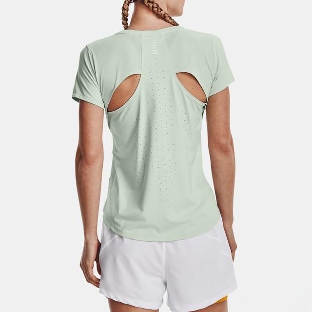 Under Armour Solid Color Back Hollow Breathable Elastic Round Neck Training Short Sleeve T-Shirt Women Tops Green 1369764-592