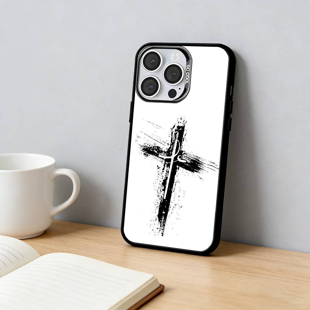 

Black The Cross Of Jesus Phone Case For iPhone 17,16,15,14,13,12,11 Plus,Pro Max,XS,Colored Silver Plated Inside Cover iPhone15pro