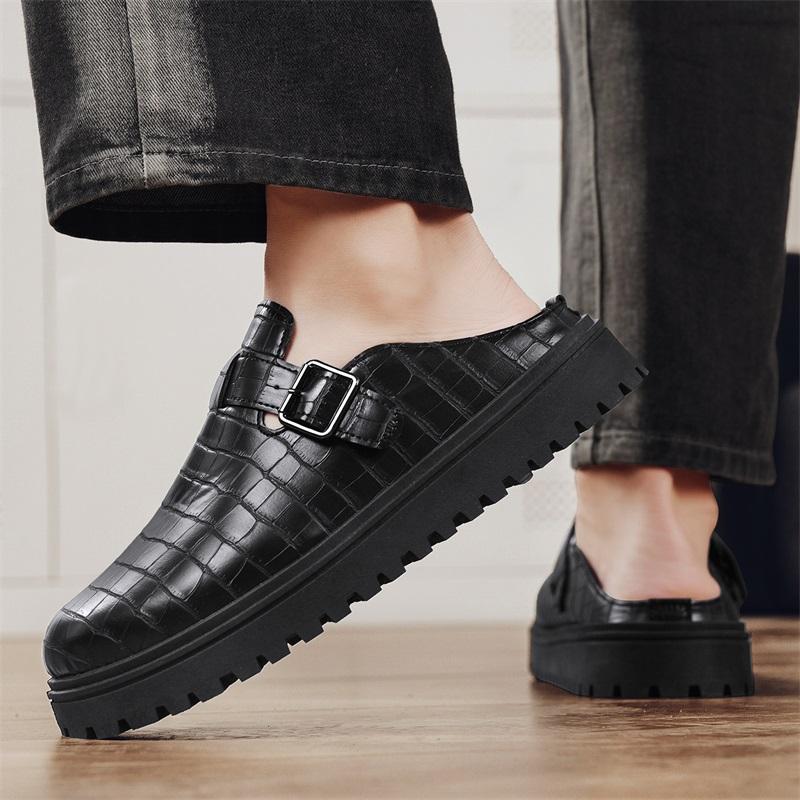 Black Platform Mules Mens Backless Loafers Slippers Thick Bottom Half Shoes For Men Closed Toe Sandals Semi-Drag Casual Shoes