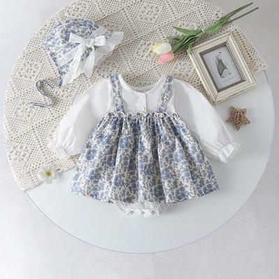 Spring & Autumn Floral Baby Princess Dress - Long-Sleeved Romper with Suspender Design