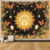 Vintage Mystical Tapestry, Golden Sun With Floral Border And Butterflies On Black Starry Background Wall Art For Aesthetic Room