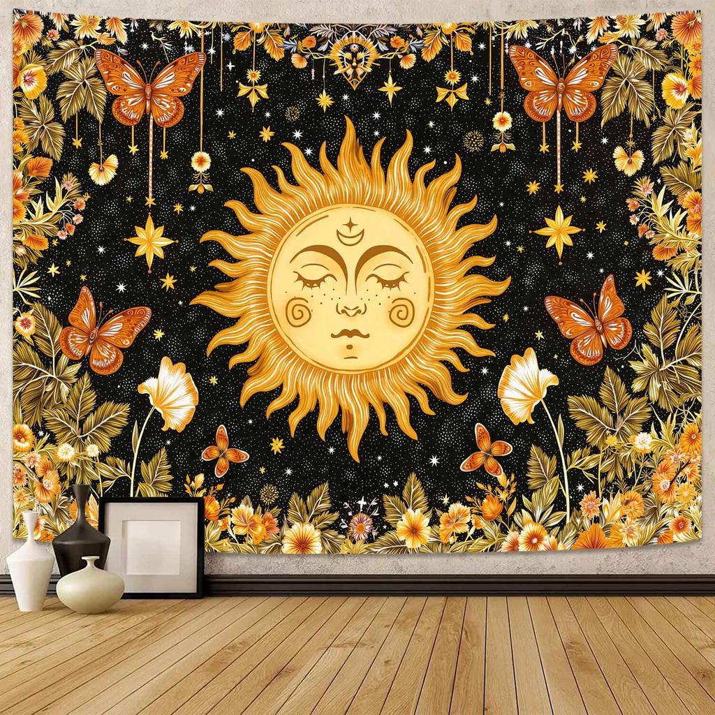Vintage Mystical Tapestry, Golden Sun With Floral Border And Butterflies On Black Starry Background Wall Art For Aesthetic Room