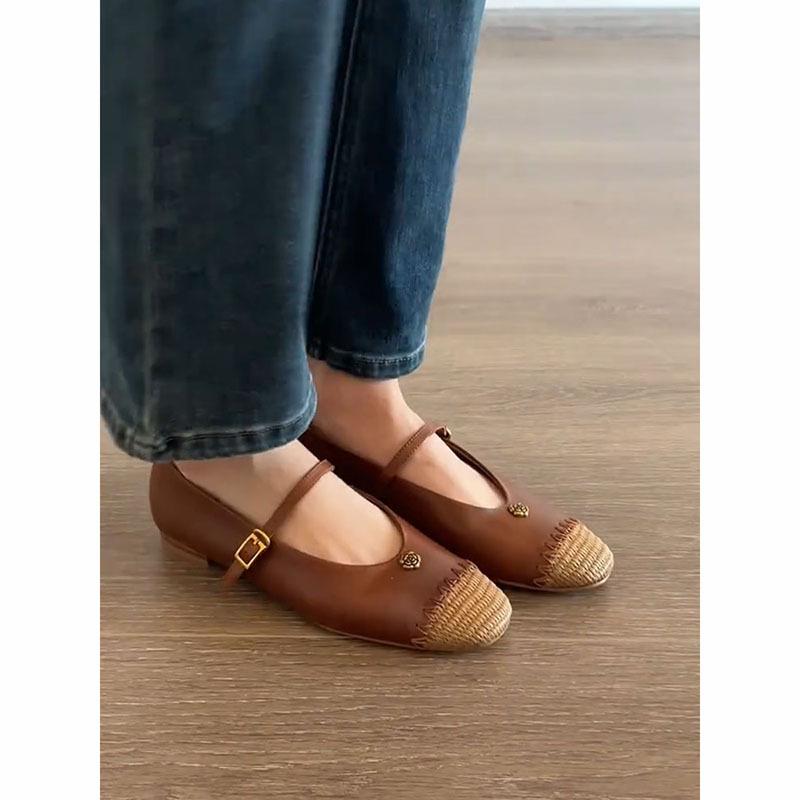 Sheepskin Version~ Retro Camellia Small Fragrant Mary Jane Shoes for Women with Round Head Straw Woven Skirt Single Shoes