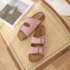 Pink Boken shoes women's genuine leather retro platform double buckle with cork sole soft slippers non-slip beach shoes sandals