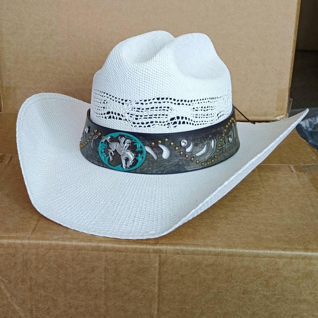 Straw Cowboy Hat Wide Brim Bull-Hide Bangora Women Pasture Straw Hat Cowboy Comfort Band Solid Summer Sombrero