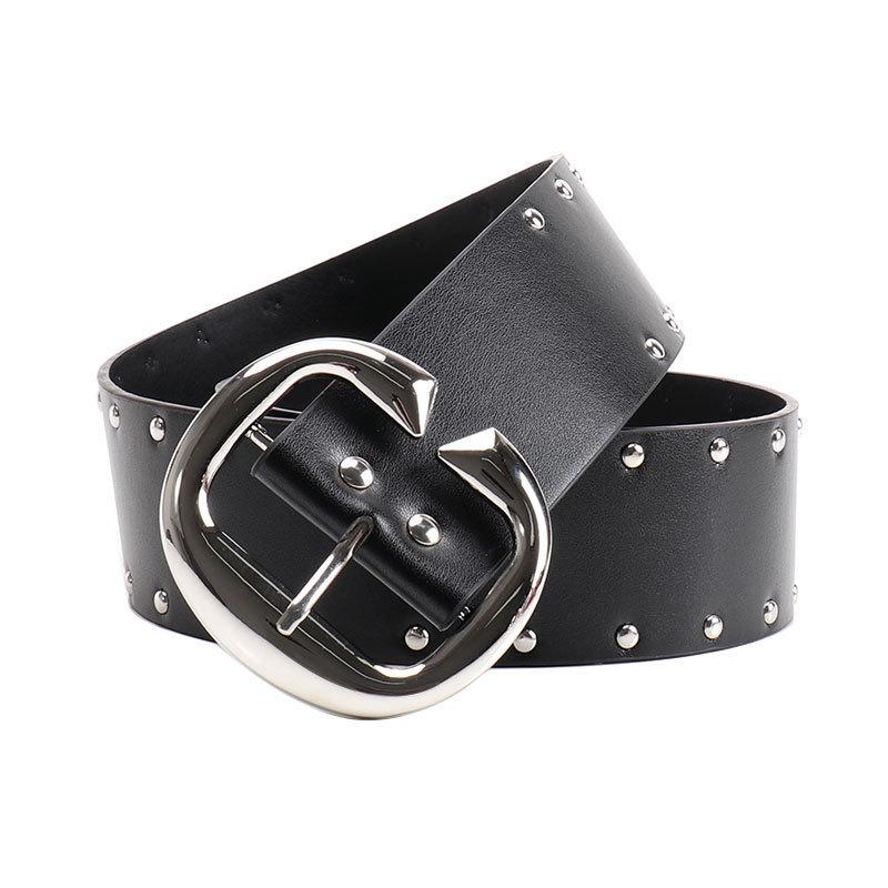Hop Hip Inspired Women Leather Belt With Double Row Rivets And Large C Buckle
