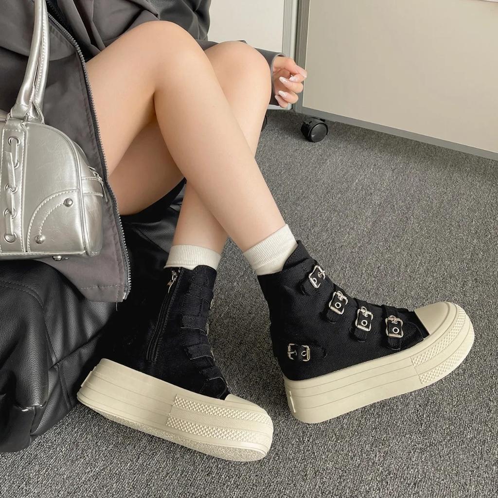 Retro  Buckle Design Thick Soled Casual Canvas Short Boots for Women  Autumn Comfortable Non Slip Chunky Ankle Boots