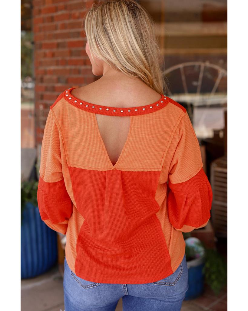Azura Exchange Red Studded V Neckline Exposed Seam Textured Knit Top