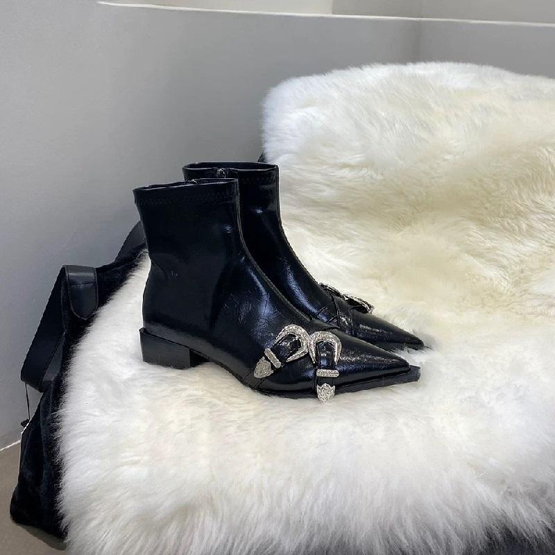 Women's Ankle Boots Short Barrel Shoes Woman Trend Black Luxury Middle Heels Pointed Toe New Rock Comfortable Stylish On Sale
