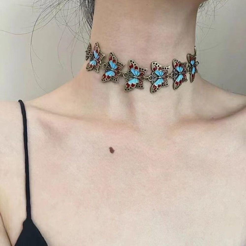 

Y2k Blue Butterfly Neck Chain Gear Cyberpunk Collar Choker Spice Girl Party 1 Set