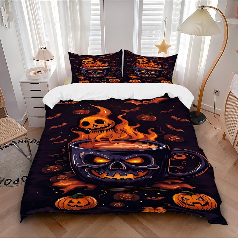 

3pc Halloween Coffee Cover Set - 1 Quilt Cover + 2 Pillowcases, All Seasons Bedroom Setting, Perfect for Home034 135x200cm
