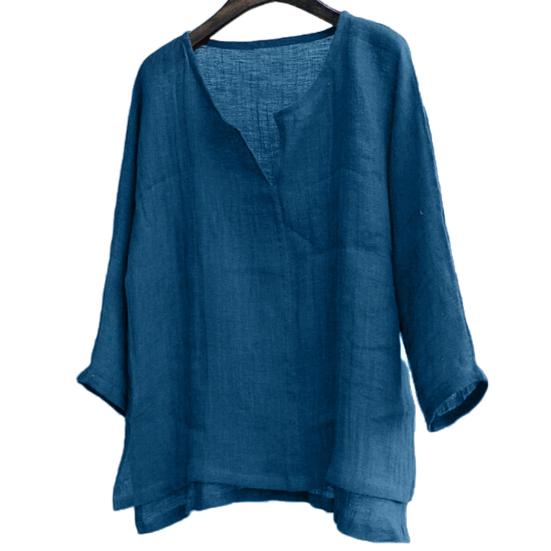 Men Casual Summer Solid Color Long Sleeve V Neck Slitting Hem Loose T-shirt Top
