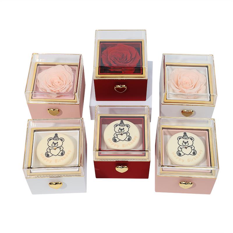 Luxury Rotating Acrylic Jewelry Box with Preserved Rose, Teddy Bear, and Birthday Cake Design