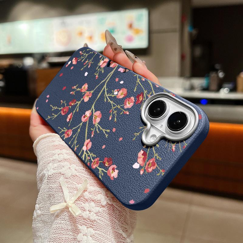 Shockproof Soft Tpu Peach Blossom Pattern Phone Case for iPhone 16 Pro 15 14 Plus 13 12 Pro Max 11 Leather Texture Plain Color Slim Cover
