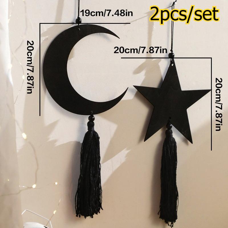 

2pcs/set Black Moon Star Tassel Wooden Craft Pendant Minimalist Home Bedroom Wall Suspension Decoration чёрный