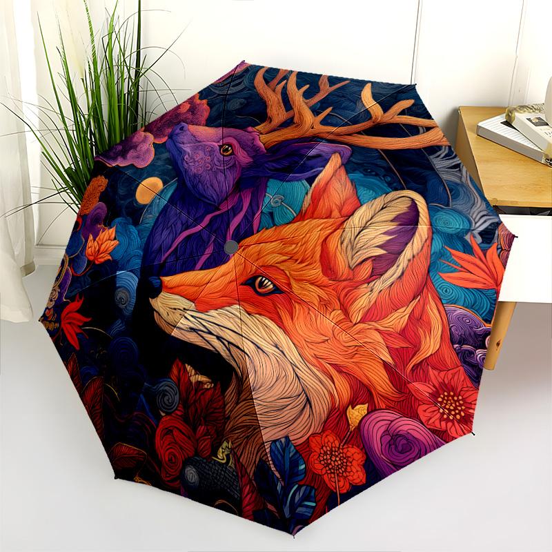 0106 Leaf Fox  Pattern, Automatic Folding Umbrella, Portable and Foldable Design, 8 Ribs, a Christmas or Birthday Gift.